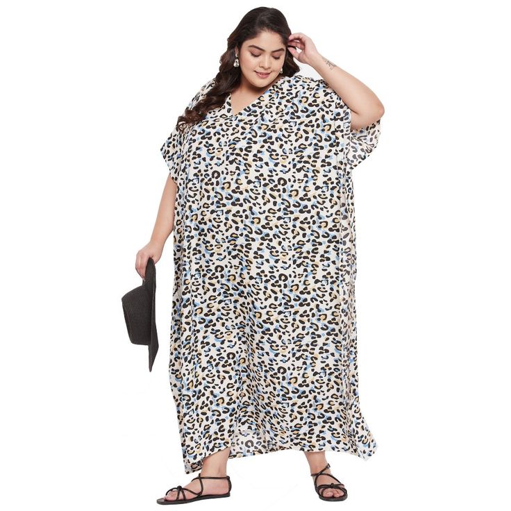 Material: 100% Polyester Pattern: Animal Printed Size: Fits Perfectly To Us Plus Size 1x To 3x Color: Beige Length: 52 Inches Sleeve Style: Kimono 3/4 Sleeve Neck Style: V-Neckline Model: Sg152-8752 Care Instruction: Hand Wash/Machine Wash Typically Featuring Wide Sleeves And A Loose Fit, This Caftan Allows For Ease Of Movement And A Relaxed Feel. Available In A Range Of Colors And Patterns, From Vibrant Prints To Subtle Hues, It Can Be Effortlessly Styled With Accessories For A Chic Look. The Q Casual White Nightgown For Beach, Summer Beach Nightgown With Short Sleeves, Casual White Beach Nightgown, Oversized White Summer Sleepwear, Printed V-neck Free Size Kaftan, White Oversized Summer Sleepwear, Floral Print V-neck Kaftan For Beach Cover-up, Black Printed V-neck Kaftan, Blue Floral Print Beach Cover-up Kaftan