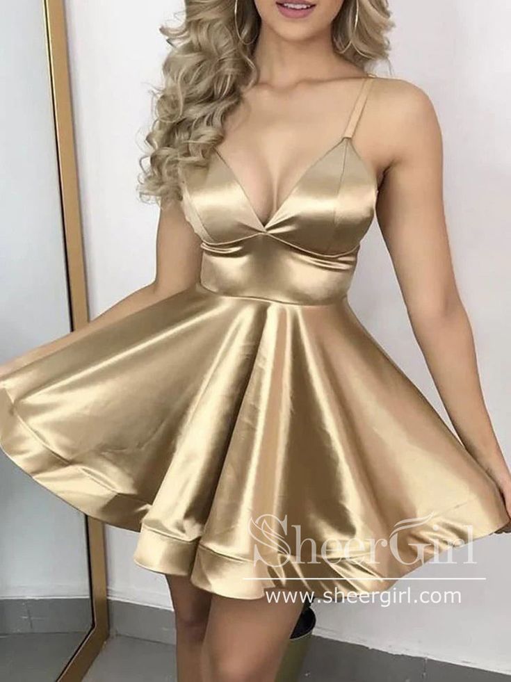 Gold Mini Prom Dress Satin V Neck Homecoming Dress ARD2760-SheerGirl Gold Homecoming Dress, Prom Dress Gold, School Event Dress, Homecoming Dresses For Teens, Gold Evening Dresses, Mini Dress Hot, Mini Prom Dresses, Gold Cocktail Dress, Satin Homecoming Dress