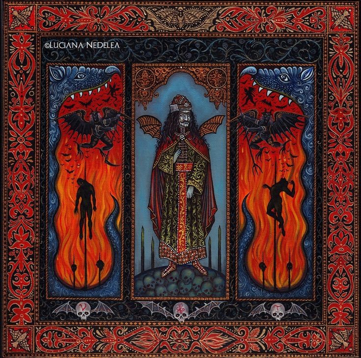 an image of the virgin mary surrounded by flames and demon like creatures in red, blue, black and gold colors