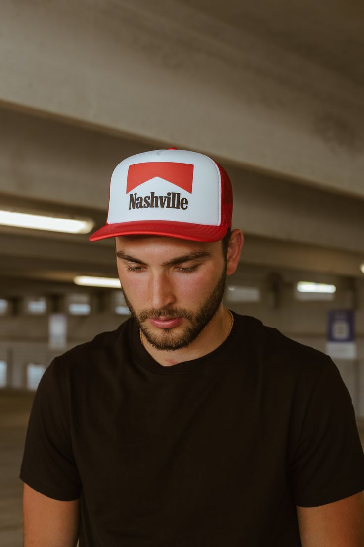 Inspired by Marlboro Reds, our Nashville Premium Foam Trucker Hat blends a retro red-and-white design that lets you rep Nashville with a nod to the classic Marlboro brand. 5 Panel Foam front trucker Pre-Curved visor Plastic snap closure Retro Curved Bill Trucker Hat For Baseball Season, Classic Red Trucker Hat, Vintage White Trucker Hat For Baseball Season, Red 5-panel Snapback Hat For Baseball Season, Retro Red 5-panel Hat, Red Retro 5-panel Hat, Red Trucker Style 5-panel Baseball Cap, Red Trucker 5-panel Baseball Cap, Red Trucker Baseball Cap For Sports Events