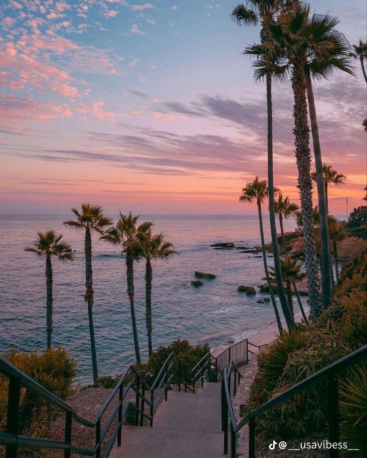 stairs leading to the beach at sunset with palm trees in the foreground and ocean in the background