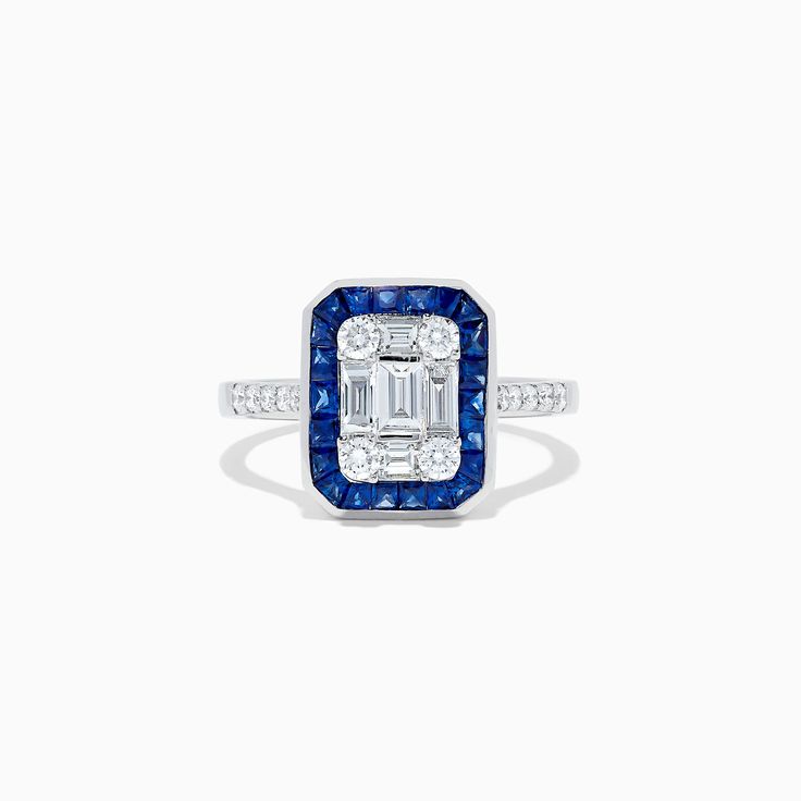 Effy Royale Bleu 14K White Gold Blue Sapphire and Diamond Deco Ring Timeless Blue Sapphire Cluster Ring, Timeless Blue Sapphire Ring Gia Certified, Timeless Gia Certified Blue Sapphire Ring, Luxury Blue Gemstone Cluster Ring, Timeless Blue Diamond Ring With Halo Setting, Gia Certified Timeless Blue Ring, Blue Cluster Ring With Center Stone In Platinum, Blue Diamond Platinum Ring Fine Jewelry, Timeless Blue Brilliant Cut Diamond Ring