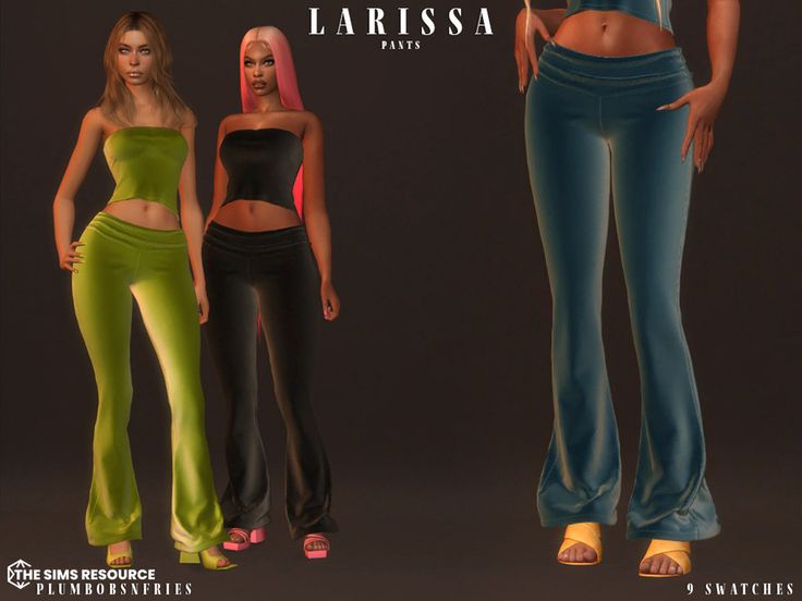 three women in different colored pants and bra tops, one is wearing a crop top