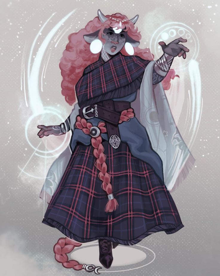 a drawing of a woman with horns on her head wearing a tartan dress and boots