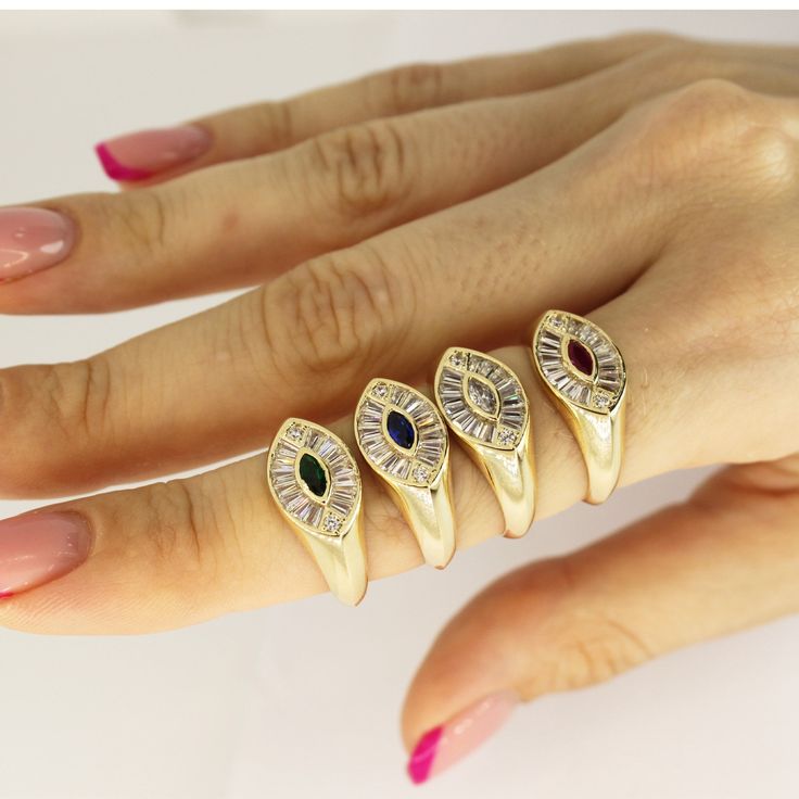 Evil Eye Signet Ring 14k Solid Yellow Gold Band Baguette Colorful Ring Blue White Red Green Ring Handmade Jewelry Christmas Gift For Her ▶ 𝙋𝙍𝙊𝘿𝙐𝘾𝙏 𝙁𝙀𝘼𝙏𝙐𝙍𝙀𝙎 * 14k Solid Gold Ring * Ring Length : 9 mm ( 0.35 inches) * Ring Width : 1.45 cm ( 0.57 inches) ❤️ This ring will look amazing on your graceful fingers! It will make you look more stylish with its sparkle and eye-catching.We are sure it will suit you very well! ❤ ❤️ A quality design that will amaze you with its shine that you c Marquise Rings With Baguette Diamonds For Gift, Gold Emerald Ring With Baguette Diamonds, Baguette Diamond Marquise Rings For Gift, Ruby Ring With Baguette Diamonds For Gift, Red Baguette Diamond Rings As Gift, Colorful Ring, Green Ring, Green Rings, Christmas Gift For Her