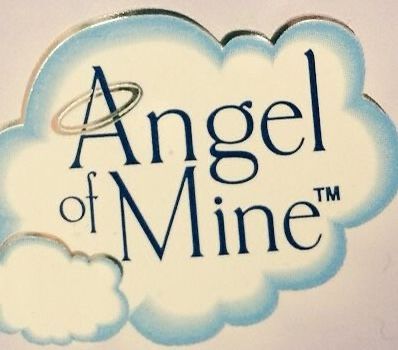 the angel of mine logo is shown in blue and white with clouds on it's side