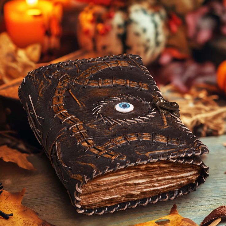 a book with an eye on it sitting next to some leaves and candles in the background