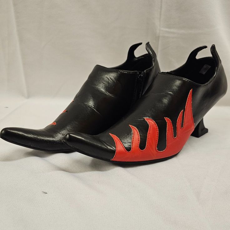 Black & Red Leather Shoes With Extra Pointy Toe, Side Zippers, Square Heel And Devil Horn Style Accents On The Heel. 3" Heel Height 10.5" Length From Toe To Heel Size 7-8 Never Worn Black Snip Toe Heels For Party, Red Leather Shoes, Red Leather, Leather Shoes, Bootie Boots, Heel Height, Ankle Boots, Black And Red, Women Shoes