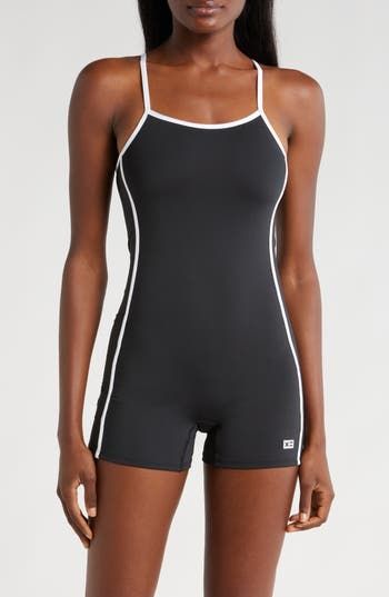 Hang out or swim in the stretchy comfort of this one-piece rashguard swimsuit featuring adjustable straps and built-in sun protection. 3 1/2" inseam Adjustable straps UPF 50+ sun protection Lined 92% recycled polyester, 8% spandex Machine wash, tumble dry Imported Sporty Moisture-wicking Tankini For Swimming, Stretch One-piece Sports Swimwear, Sporty One-piece Bodysuit For Pool, Sporty Moisture-wicking Swimwear For Diving, Black Nylon Tankini For Swimming, Functional Black Swimwear For Poolside, Sporty Nylon Tankini For Swimming, Sporty Stretch Bodysuit With Adjustable Straps, One-piece Athleisure Swimwear For Beach