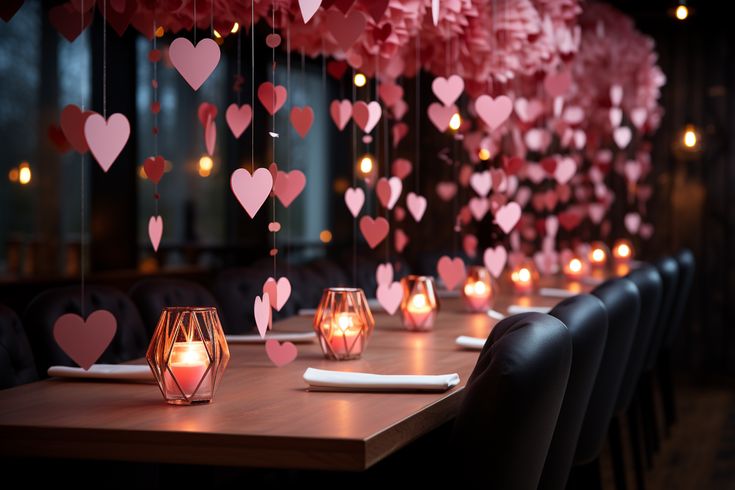 a long table with candles and hearts hanging from the ceiling