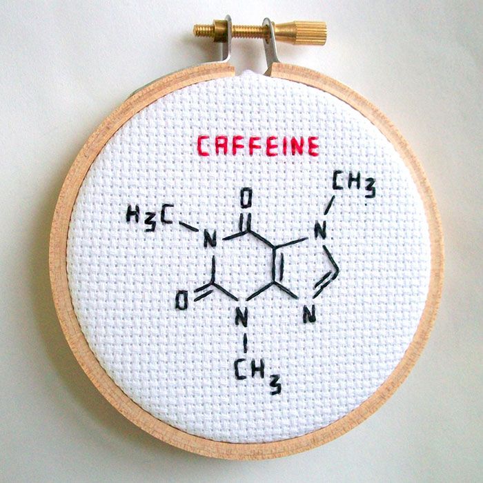 a cross stitch pattern with the words caffeine and chemical formulas on it