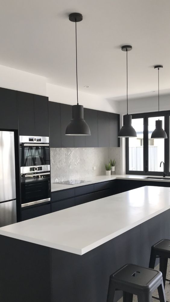 a modern kitchen with an island and stools