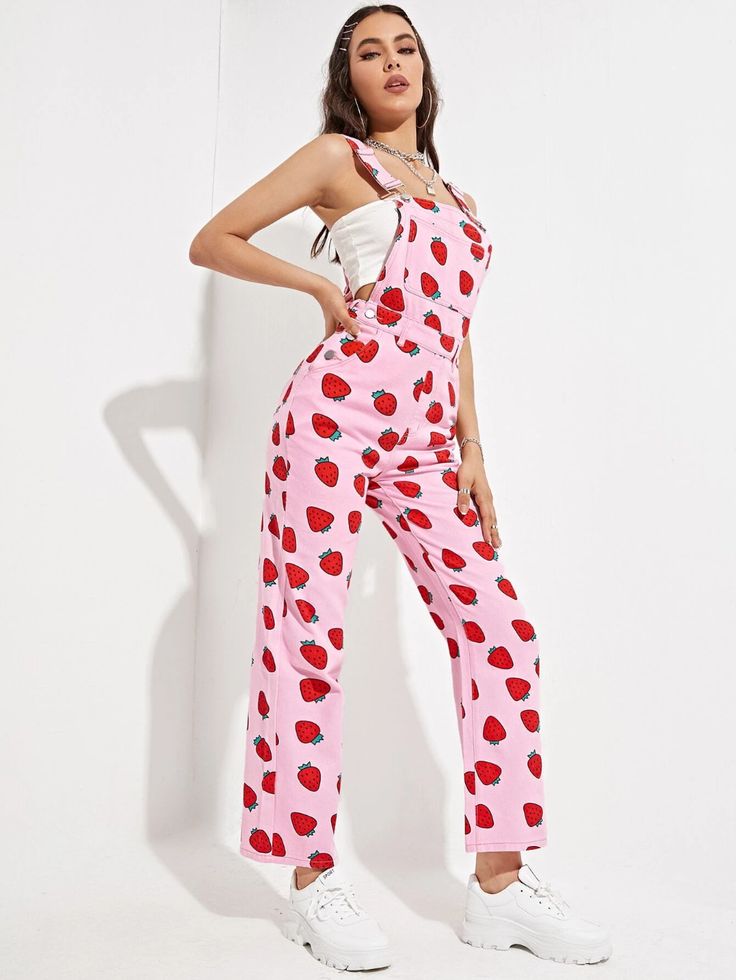 Strawberry Print Button Side Denim Overalls | SHEIN USA Strawberry Clothing, Hslot Outfit, Strawberry Stuff, Strawberry Outfit, Strawberry Aesthetic, Womens Denim Overalls, Harry Styles Outfit, Cute Overalls, Strawberry Dress