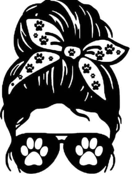 the silhouette of a woman with sunglasses and a bow on her head, wearing paw prints