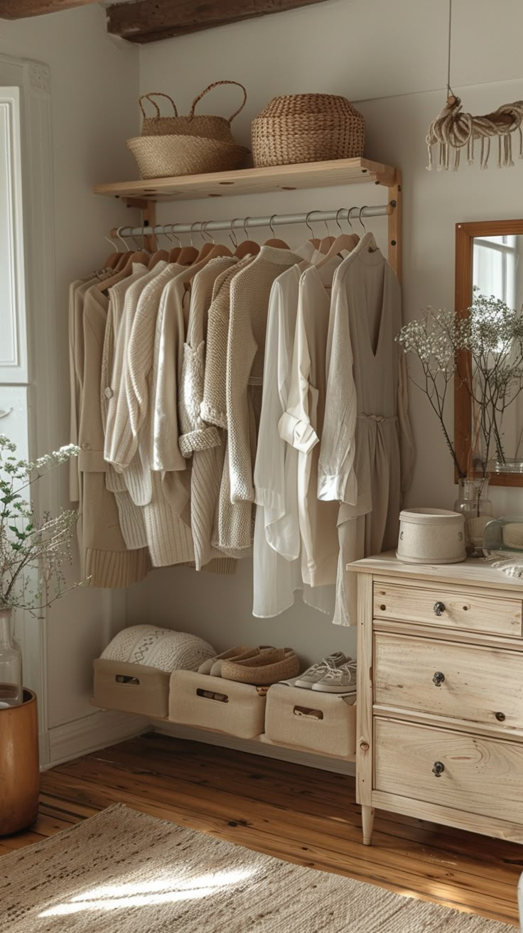 an organized closet with clothes hanging on the rails and drawers, baskets in front of it