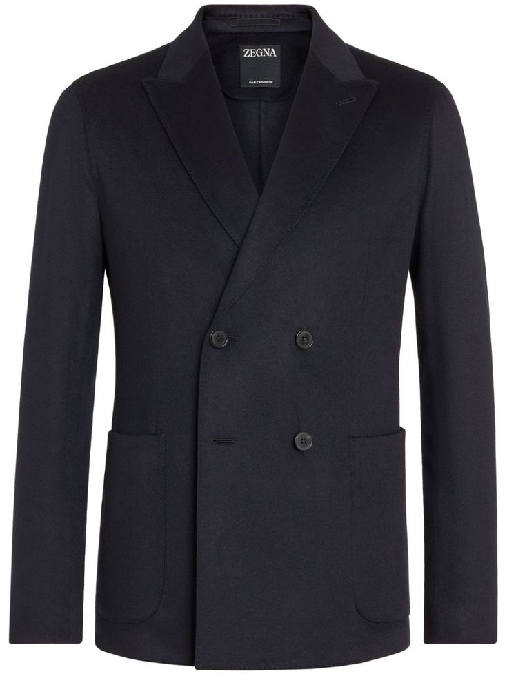 navy blue cashmere peak lapels double-breasted button fastening long sleeves buttoned cuffs two side patch pockets English rear vents unlined straight hem Blazer Blue, Breasted Blazer, Double Breasted Blazer, Mens Suits, Double Breasted, Blazer Jacket, Cashmere, Navy Blue, Long Sleeves