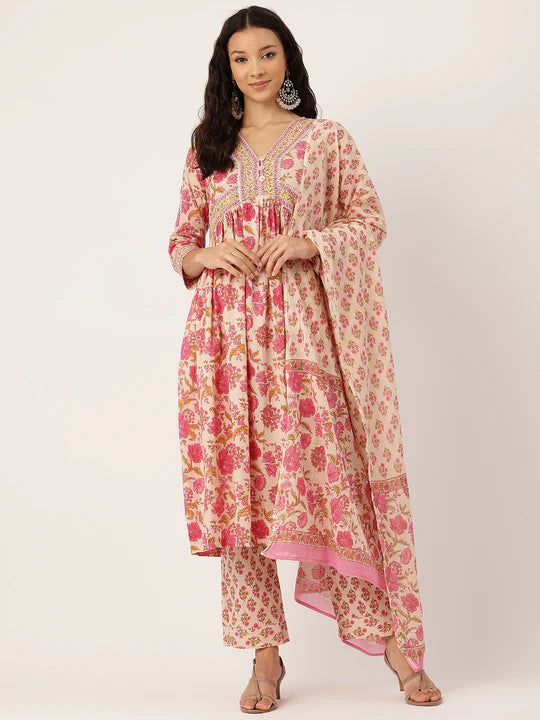 Discover timeless elegance with our Kamini Kurta Set, a celebration of Indian ethnic wear craftsmanship. The kurta features a flattering empire waist silhouette adorned with intricate floral block prints. Delicate sequin detailing adds a touch of sparkle, elevating its charm for any occasion. Accompanied by matching trousers, tailored for both style and ease, and a complementing dupatta that completes the ensemble with its graceful drape and coordinating print. Whether you're attending a festive Table Runner And Placemats, Sleep Set, Indian Ethnic Wear, Lounge Shorts, End Of Season Sale, Kurta Set, Ethnic Wear, Lounge Pants, Empire Waist