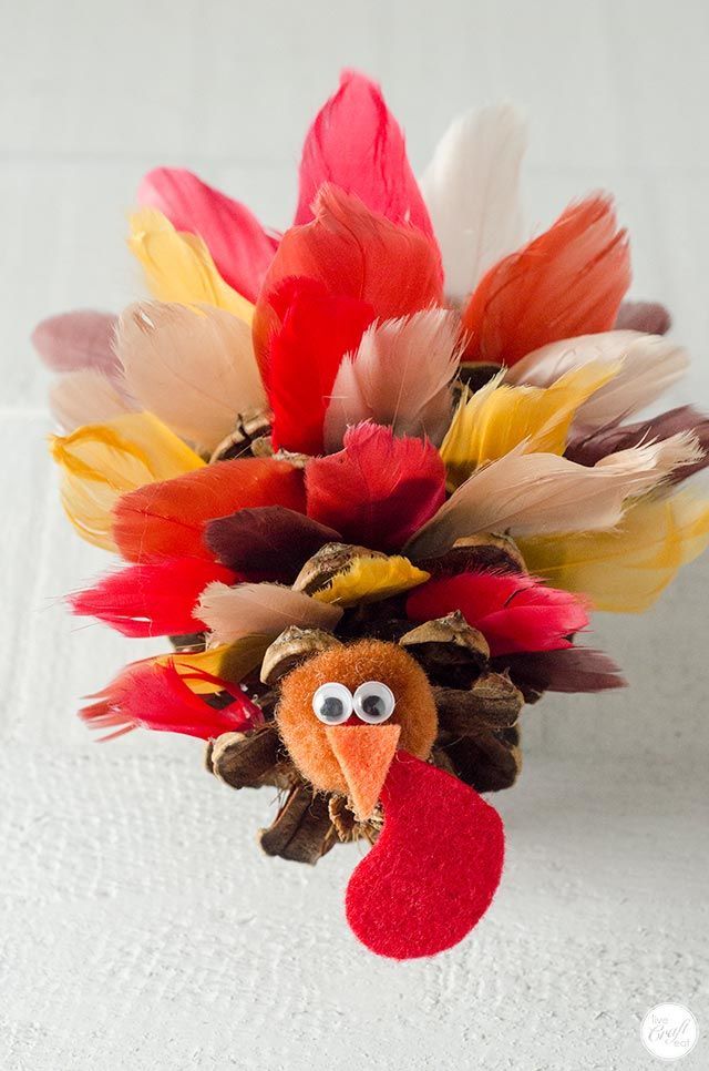 a turkey head made out of feathers on top of a white surface with text overlay