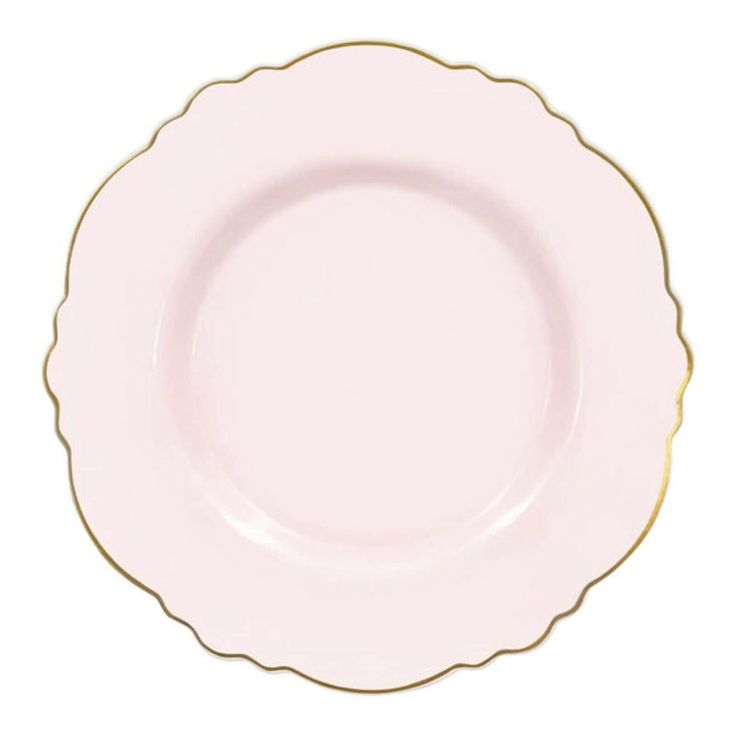 a pink and gold plate on a white background