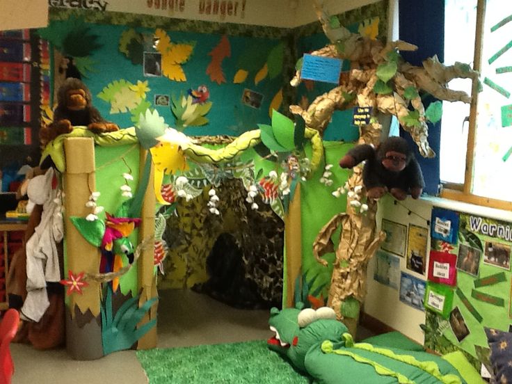 a classroom decorated in green and yellow with stuffed animals on the walls, trees, and decorations