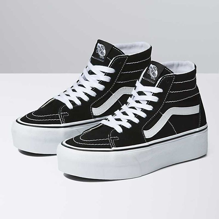 Vans | Sk8-Hi Tapered Stackform Black/True White Shoe Platforms Aesthetic, Estilo Vans, Platform Vans, Vans High, Vans Skate, Sneakers Vans, White Shoe, Black Vans, Nike Air Jordans