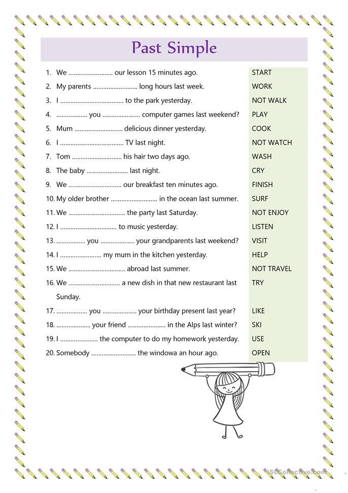 the past simple worksheet is shown with an image of a woman holding a tray