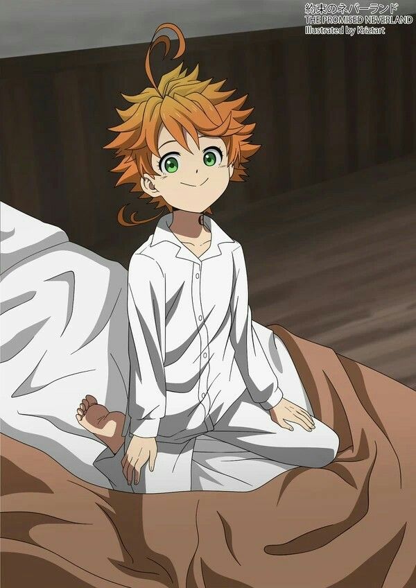 an anime character sitting on top of a bed in a white shirt and brown pants