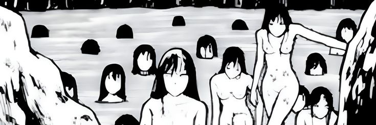 black and white drawing of people standing in front of water