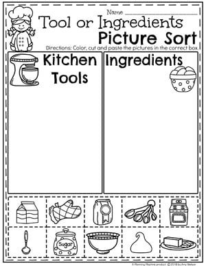 Preschool Sorting Worksheets - Baking Theme Chef Theme Preschool, Chef Lesson Plans Preschool, Chef Worksheets Preschool, Preschool Bread Activities, Baking Worksheet, Bread Preschool Activities, Chef Activities For Preschool, Cooking Theme Preschool, Cooking Lesson Plans