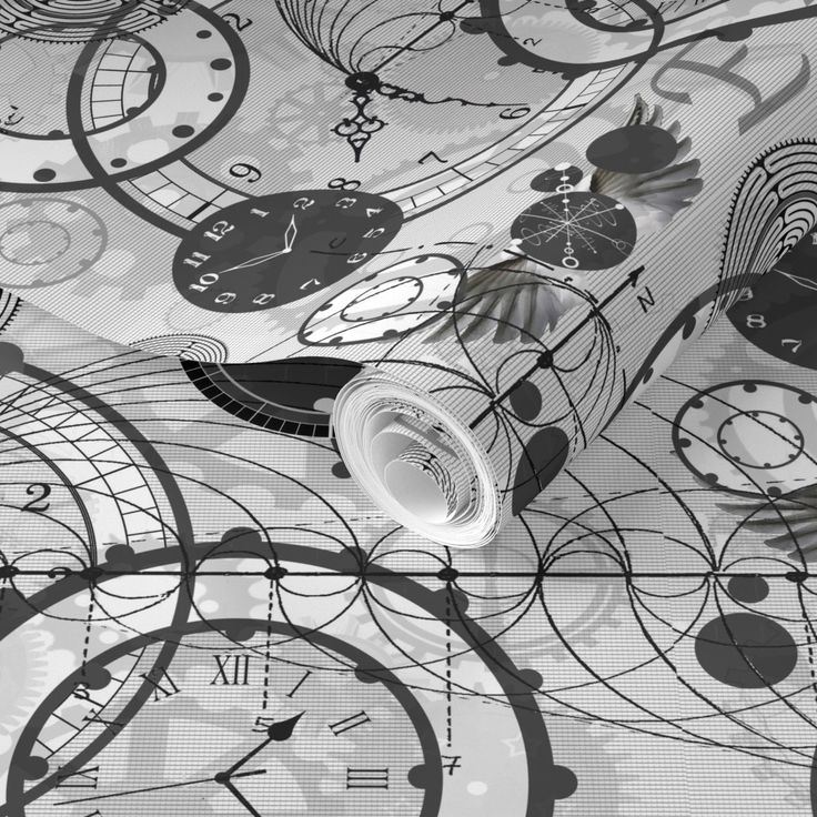 black and white photograph of clock faces on a wallpapered surface with circles, dots and lines