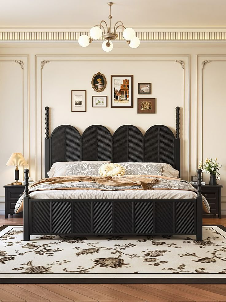 Curve Headboard Design, Vintage Minimalist Bedroom, Living Room With Mirrors, Simple Luxury Bedroom, Cozy Mid Century Modern Bedroom, Parisian Modern Bedroom, Modern Parisian Bedroom, Gothic Style Bedroom, Black Headboard Bedroom