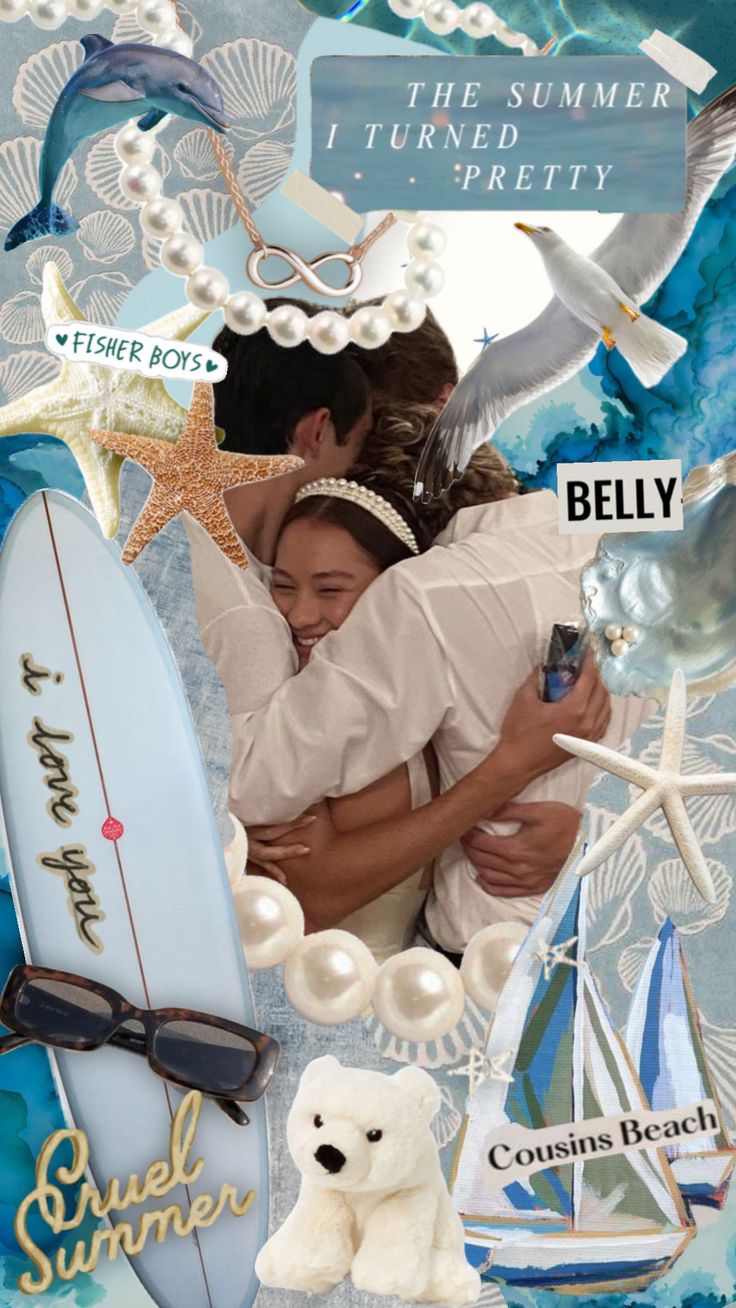 a collage of photos with a couple hugging each other in front of a surfboard and starfish