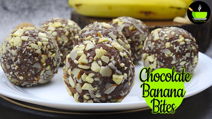 chocolate banana bites on a plate with bananas in the background