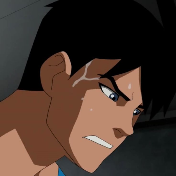 an anime character with black hair and blue eyes looking to his left, while staring at the camera