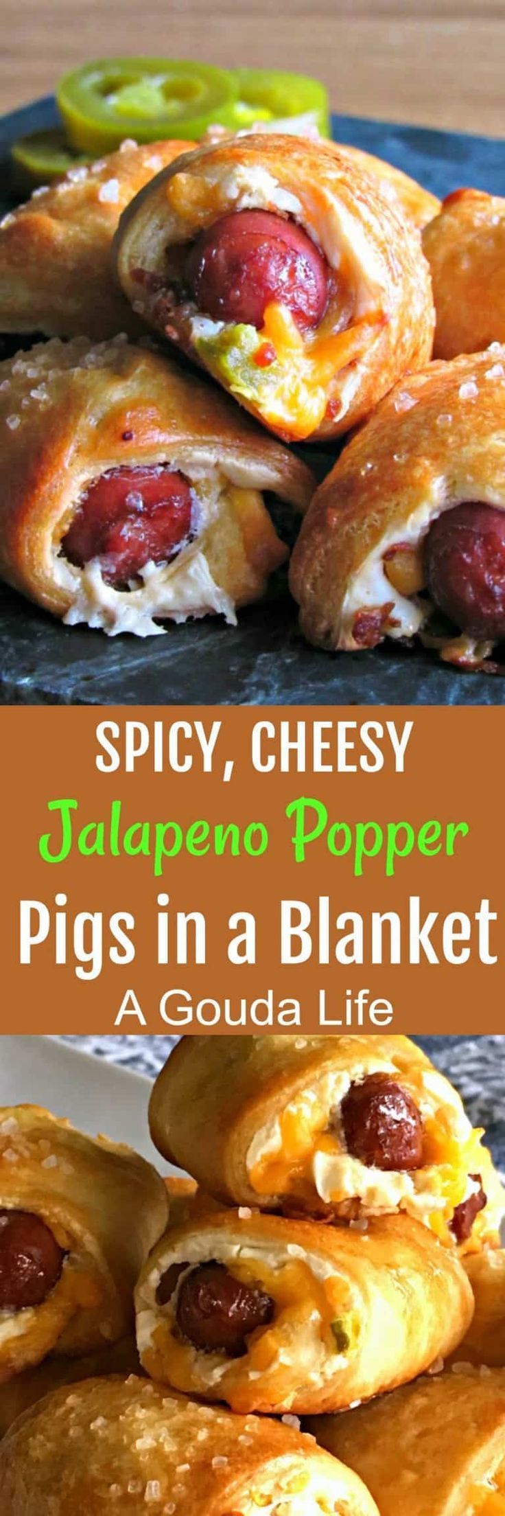 hot dogs wrapped in puff pastry are stacked on top of each other and the words spicy, cheesy jalapeno pop pigs in a blanket