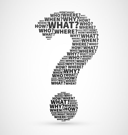 a question mark made up of words in black and white on a gray background with the word what? written below it