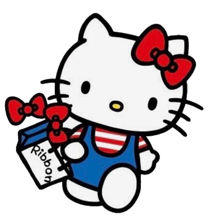 a hello kitty holding a blue box with a bow on it's head and an american flag ribbon around its neck