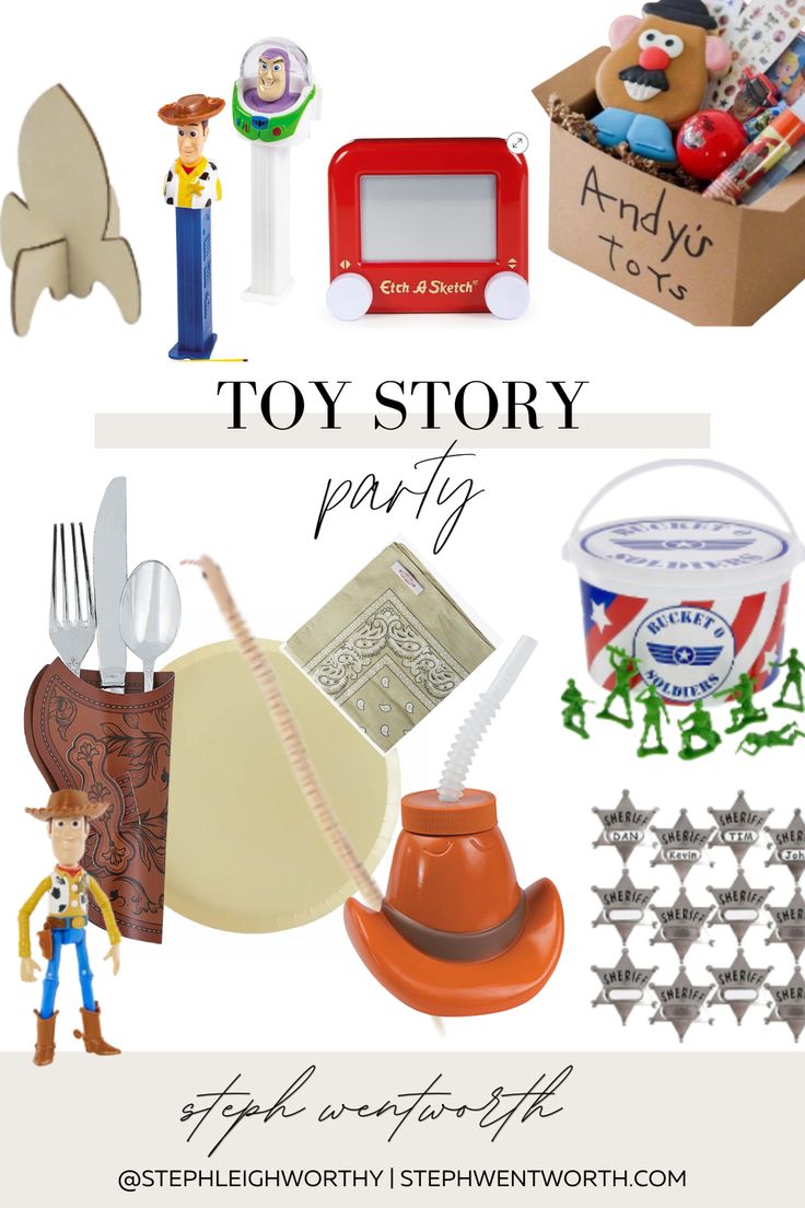 toy story party with toys and items for the children's playroom, including an old