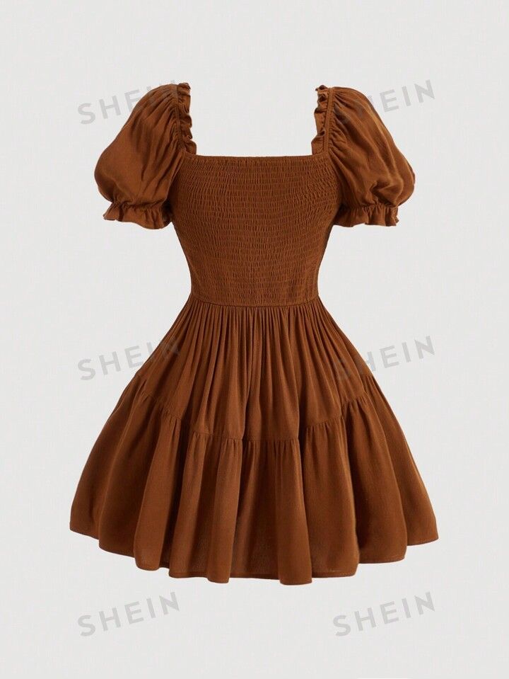 Brown Summer Dress, Brown Summer Dresses, Short Sleeved Blouse, Dress With Puffy Sleeves, Puffy Sleeves, Puffed Sleeves Dress, Dress For Short Women, Blouse Dress, Short Sleeve Blouse