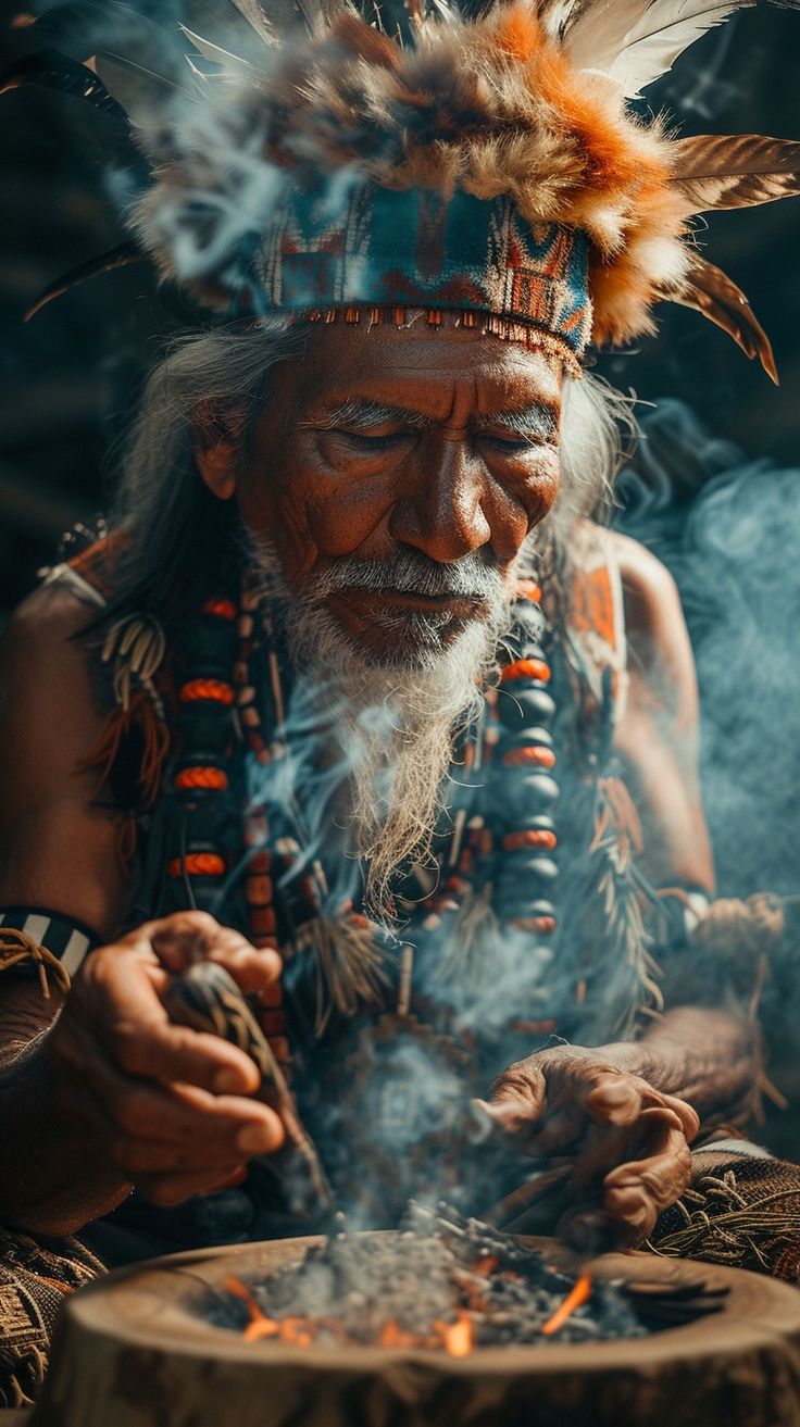 Shamanic Ritual Ceremonial: Elderly shaman wearing a #traditional #headdress performs a #sacred ritual with smoke in a #mystical atmosphere. #spiritual #ritual #elder #ancient #culture #artificialintelligence #photo #aiart #aiphoto #stockcake ⬇️ Download and 📝 Prompt 👉 https://stockcake.com/i/shamanic-ritual-ceremonial_262964_51908 Ayawaska Ceremony, Shaman Photography, Shaman Photoshoot, Shaman Art Spirituality, Peru Shaman, Shaman Aesthetic, Shamanic Ceremony, Cat Buddha, Shaman Ritual