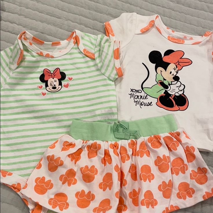 Set Of Three Disney Pieces Of Clothing All Matching Six Months Cute Sets With Character Print For Playwear, Cute Character Print Playwear Sets, Cute Playwear Sets With Character Print, Green Cotton Sets With Character Print, Playful Mickey Mouse Cotton Sets, Fun Green Cotton Set, White Character Print Sets For Playwear, White Character Print Playwear Sets, White Playwear Set With Character Print