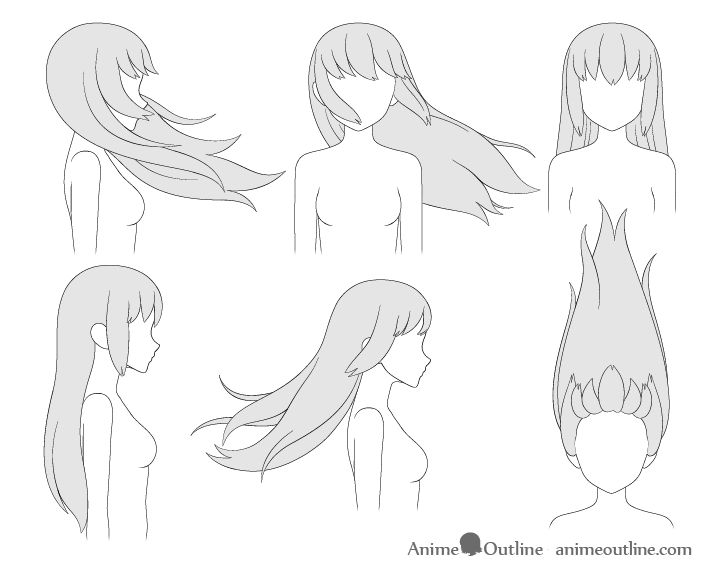 an anime character's hair is shown in four different positions, including the head and shoulders