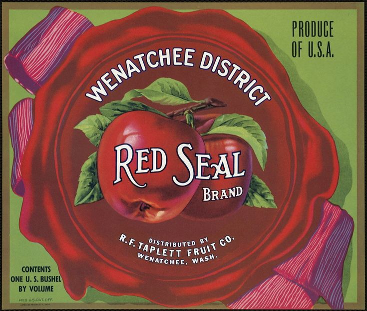 a red seal brand label with an apple in the center and green leaves on it