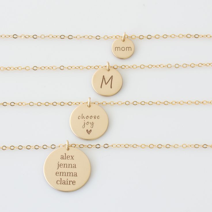 "CLASSIC GOLD DISC NECKLACE Choose your disc size! Our engraved disc necklaces come in 4 sizes, mini 3/8\", small 1/2\", medium 5/8\"or large 3/4\". Engraved and hand assembled with care and love, it comes in 14k gold fill, rose gold fill, or sterling silver. Perfect for layering with our bar necklaces and dainty stone necklaces. * Listing is for one disc necklace, your choice of size HOW - TO - ORDER 1. Select your options from the drop down menu see photo for font styles and symbol options 2. Gold Engraved Initial Necklace For Mother's Day, Gold Stamped Necklace As A Gift For Mom, Mother's Day Yellow Gold Initial Necklace, Gold Hand Stamped Initial Pendant Jewelry, Gold Customizable Charm Necklaces With Round Pendant, Customizable Gold Name Necklace With Round Pendant, Customizable Gold Charm Necklace With Round Pendant, Gold Hand Stamped Name Necklace For Mother's Day, Gold Stamped Jewelry Gift For Mom