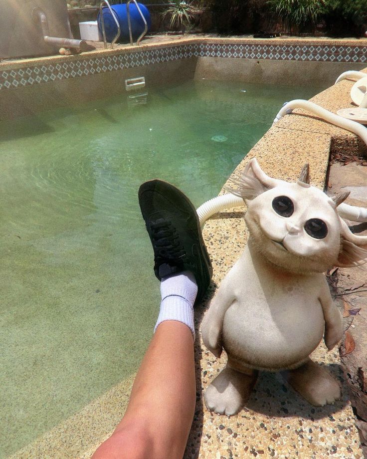 a person's legs and feet near a pool with a statue of a cat