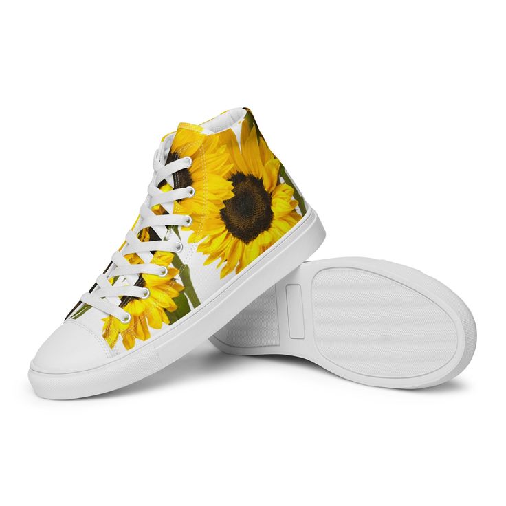 a pair of sunflowers printed high top sneakers on white shoes with laces