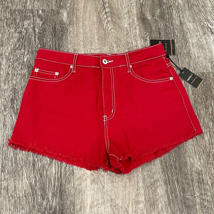 New With Tags Red Jean Shorts Forever21 Medium Trendy Red Bottoms For Summer, Trendy Red Summer Bottoms, Red Jean Shorts For Spring, Red Forever 21 Bottoms For Summer, Casual High Waist Red Jean Shorts, Trendy Red Jean Shorts For Summer, Red High Rise Bottoms For Summer, Red High Rise Shorts For Summer, Casual Red High Waist Jean Shorts