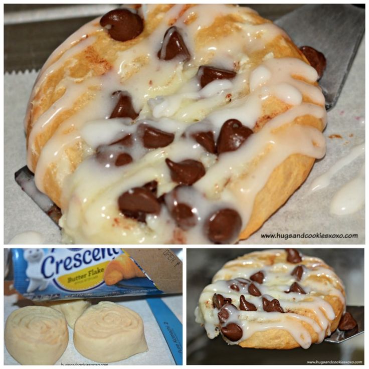 four different pictures of cookies and desserts with icing on them, including one chocolate chip cookie