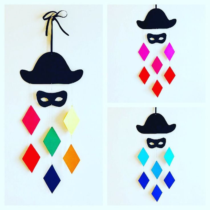 three pictures of masks hanging from strings on the wall, one wearing a mask and the other wearing a hat