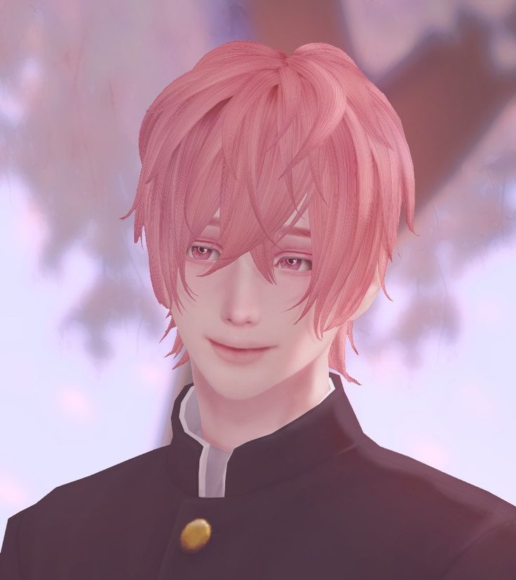 an anime character with pink hair wearing a black shirt and gold buttons on his collar